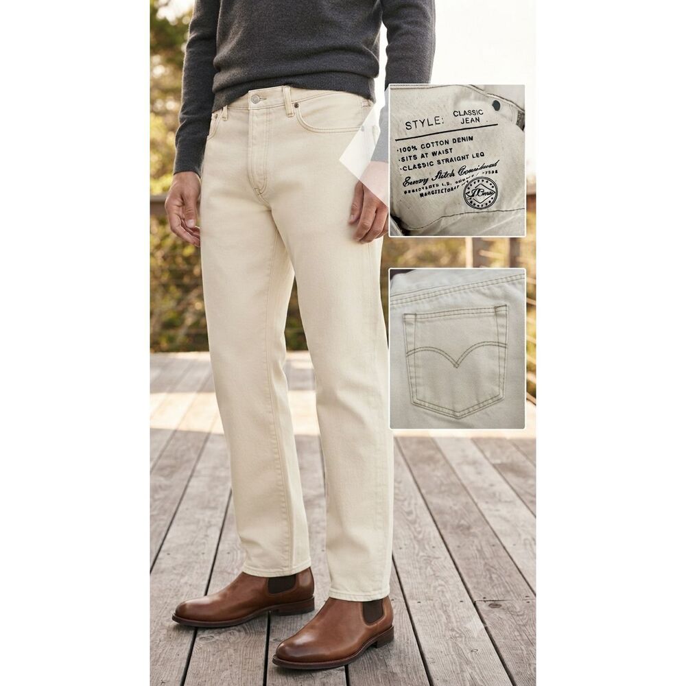 J.Crew Men's Classic Straight Leg Jeans Cream Off-White 100% Cotton Size 34x34